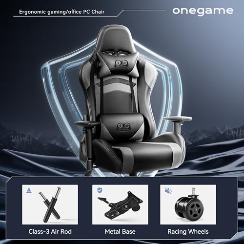 Black Gaming Chair, Ergonomic Computer Chair, Height Adjustable Game Chair, Racing Style Gamer Chair with Headrest and Lumbar Support (Blackgray)