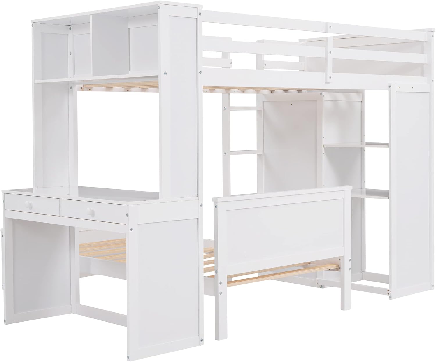 Twin Wooden Bunk Loft Bed with Shelves Desk and Wardrobe for Kids Teens Adults, White