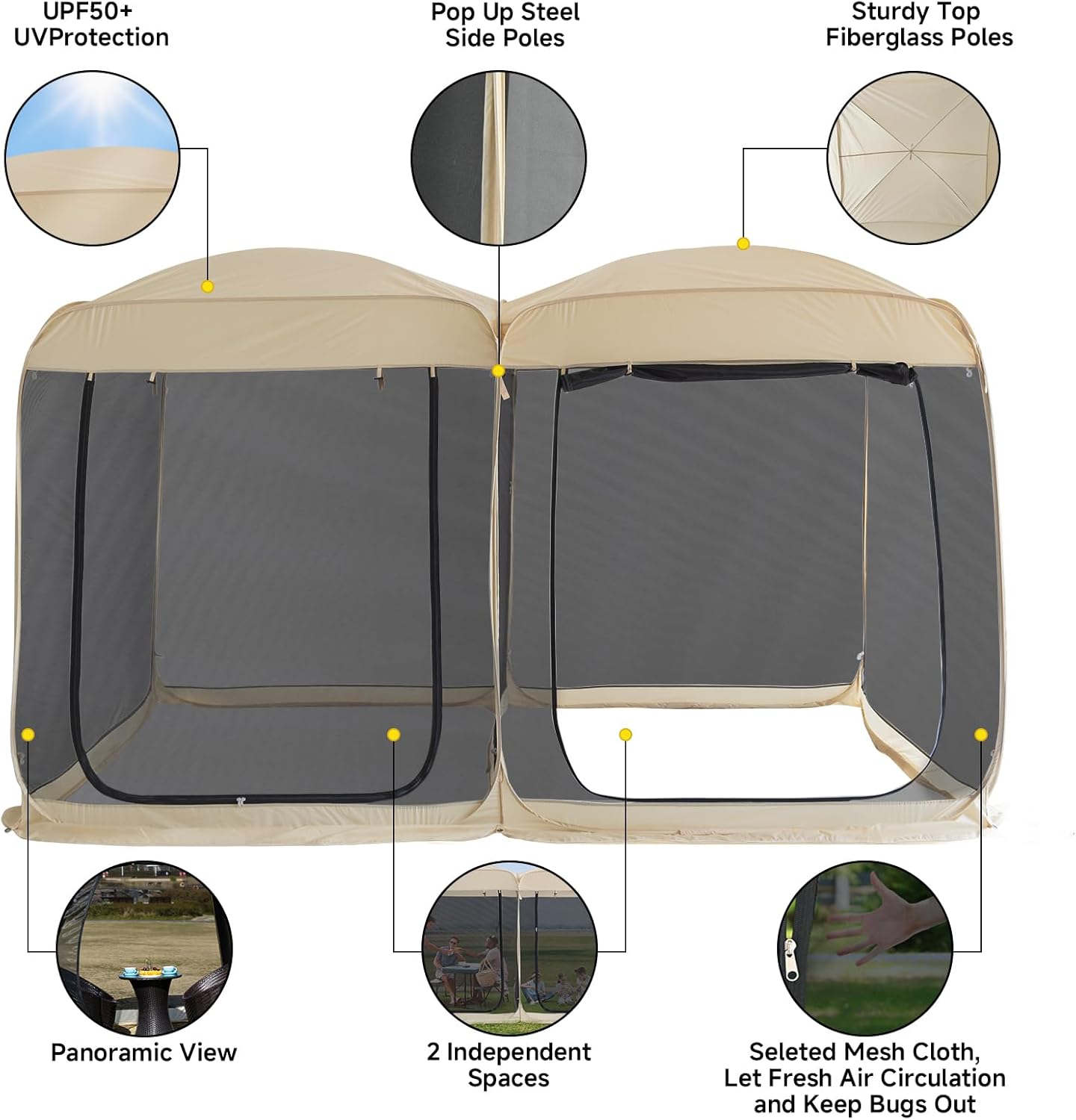 Alvantor Screen House Room 2024 Upgraded 2 in 1 Screen Tent Pop Up Gazebo with Mesh Mosquito Netting, Sun Shade Outdoor Canopy for Patio, Camping, Backyard and Outside Activities- 12' x 7.5', Beige