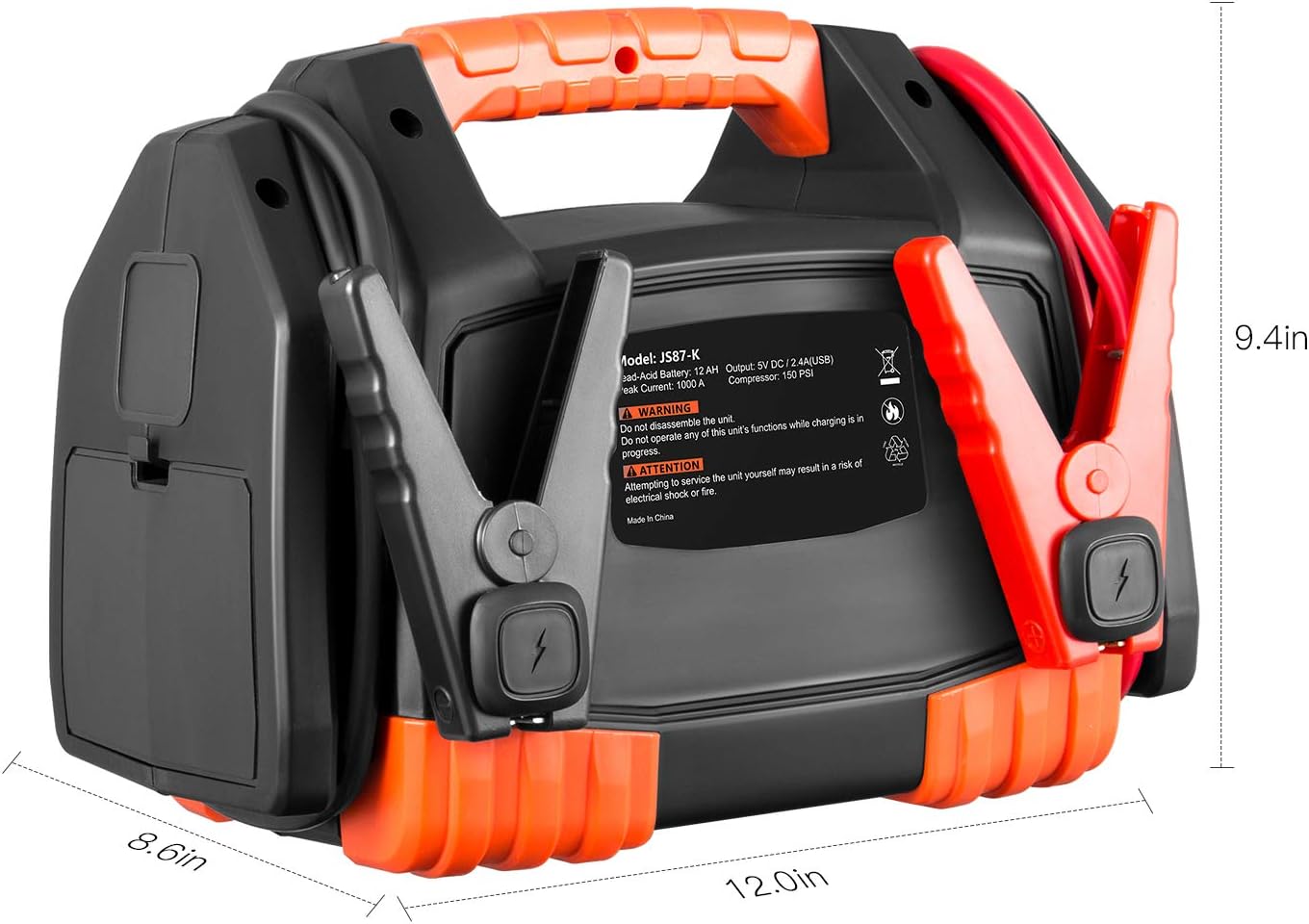 Kinverch Portable Car Jump Starter 1000 Peak Amp 12-Volt with 1-USB 1-12V Power Ports & 150 PSI Air Compressor