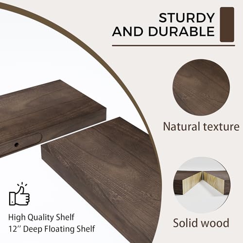 12 Inch Deep Floating Shelves Wall Mounted, 48" Long Solid Wood Hanging Shelves, Live Edge Shelves with Invisible Brackets, Large Storage Display Shelf for Bathroom, Living Room, Kitchen
