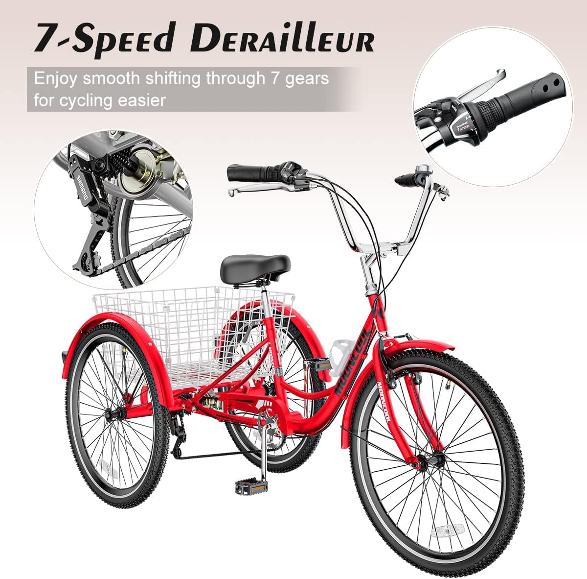 Adult Tricycle 7 Speed 3 Wheel Bike Adult Trikes, Three-Wheeled Bicycles Cruise Trike with Basket for Seniors, Women, Men for Recreation Shopping (24", Red)