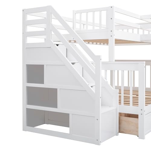 Harper & Bright Designs L-Shape Triple Bunk Beds with Stairs, Desk,Wardrobe, Wood Twin-Over-Full Bunk Bed with Storage, Shelves and Drawers, 3 Beds Bunk Bed with Staircase for Kids Teens, Espresso