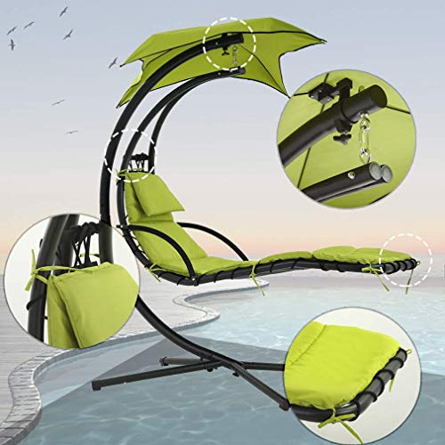 Hammock Chair Hanging Chair Lounge Chairs Outdoor Porch Swing Arc Stand with Canopy Umbrella and Pillow, 280 LBS Capacity, Heavy Duty Large Air Floating Chaise Chair for Patio Backyard Deck Garden