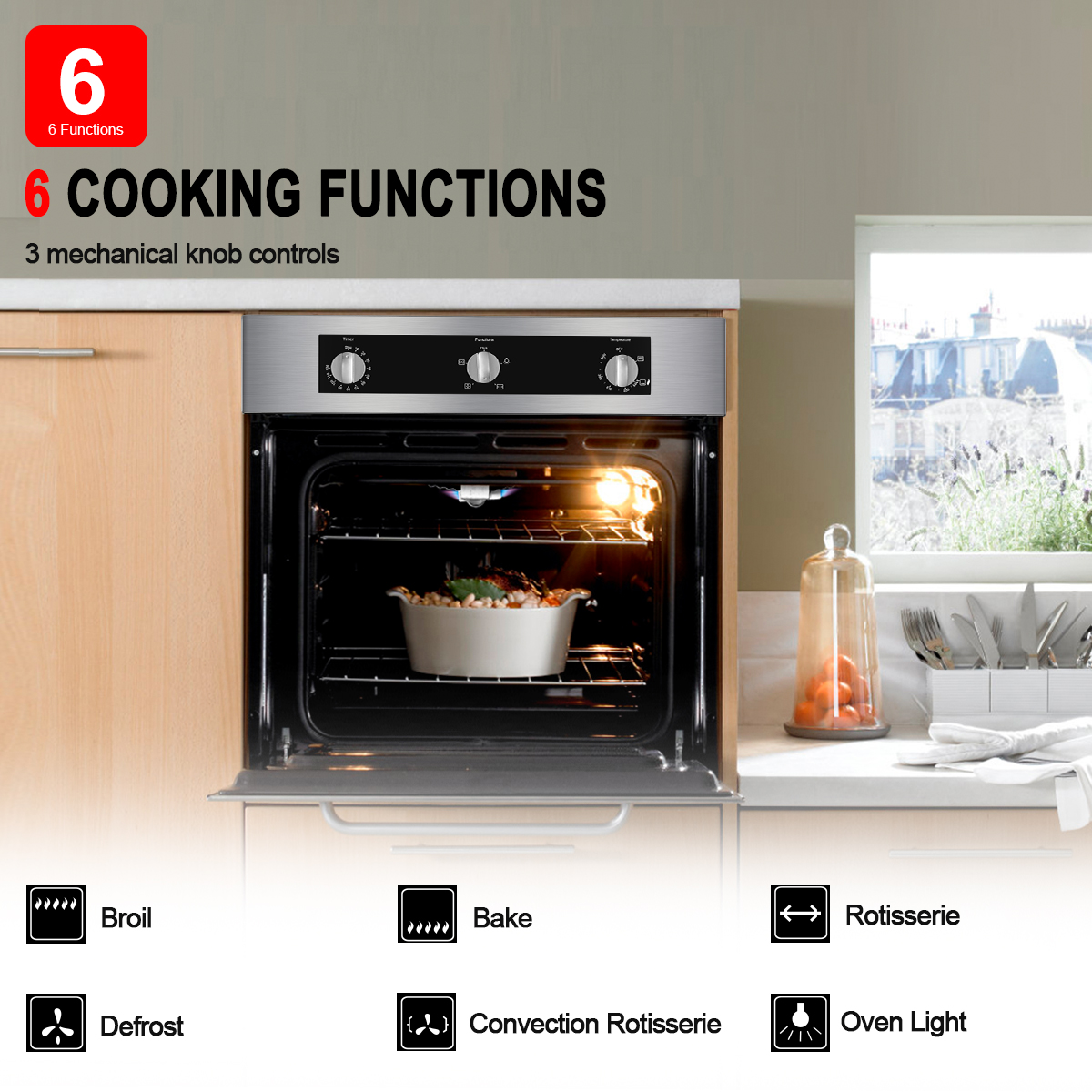 GASLAND Chef 24" Built-in Natural Gas Oven, 6 Cooking Function Convection Gas Wall Oven with Rotisserie,Stainless Steel,CSA