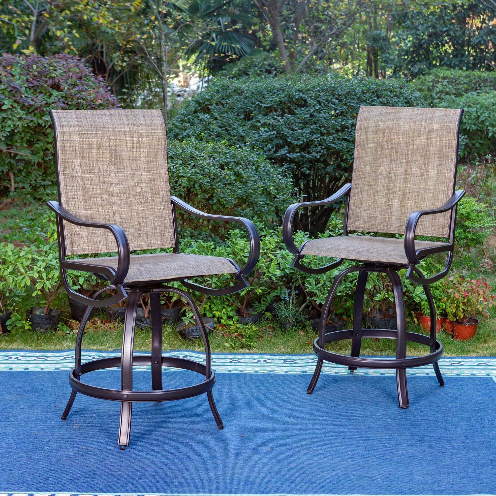 MF Studio 5-Piece All Weather Outdoor Bar Stool Set with Rectangle Counter Height Table & Patio Swivel Bar Chairs for 4 Person, Black & Brown