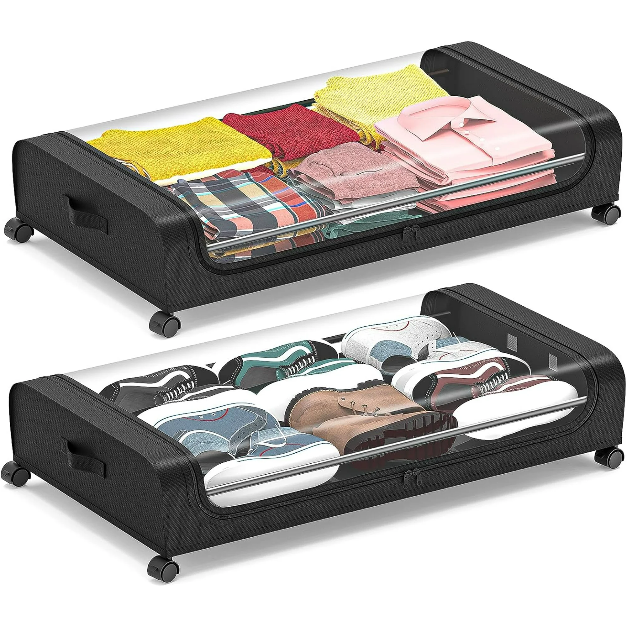 Under Bed Storage with Wheels 2 Pack, Under Bed Storage Containers, Large Under Bed Rolling Storage with Lid, Bedroom Storage Organizer for Clothes, Shoes,Toys, Books, Blankets BLACK