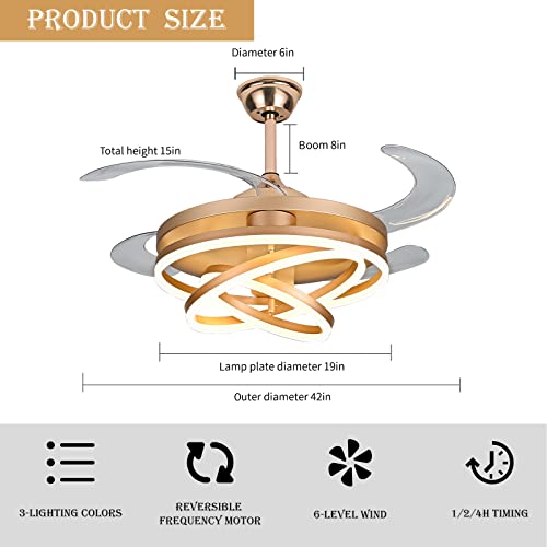 42" Invisible Ceiling Fan Chandelier Light,Modern DIY Ceiling Fan Light Remote Control 4 Retractable ABS Blades for Bedroom Living Dining Room Decoration (42", Gold)