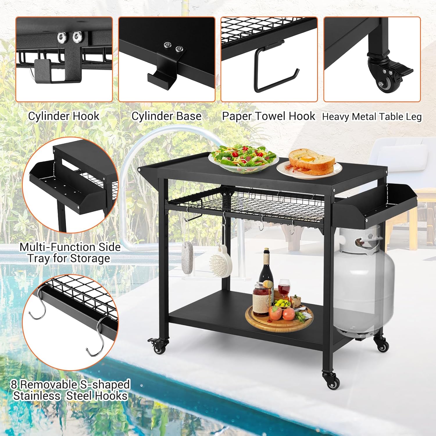 Outdoor Grill Cart, Pizza Oven Stand Table with Mesh Racks Dining Cart Table for Outside Patio, Movable Kitchen Cooking Prep Table BBQ Cart with Wheels for Home Party, Bar, Camping, Black