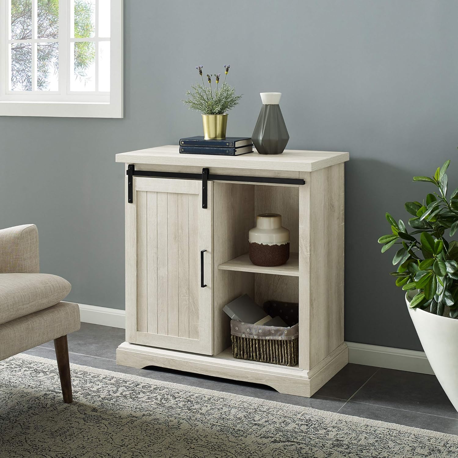 Walker Edison Beaumont Modern Farmhouse Sliding Slat Door Storage Cabinet, 32 Inch, Grey Wash