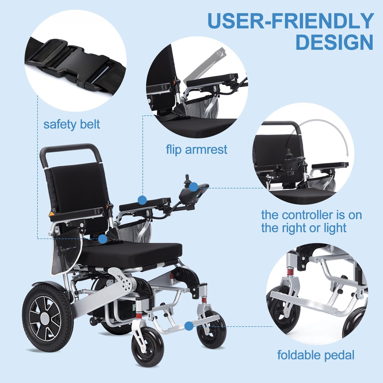 Electric Wheelchairs for Adults,20 Miles Travel Range Portable Power Wheelchair,Lightweight Foldable All Terrain Motorized Wheelchair for Seniors,Folding Power Motorized Wheel Chair Airline Approved