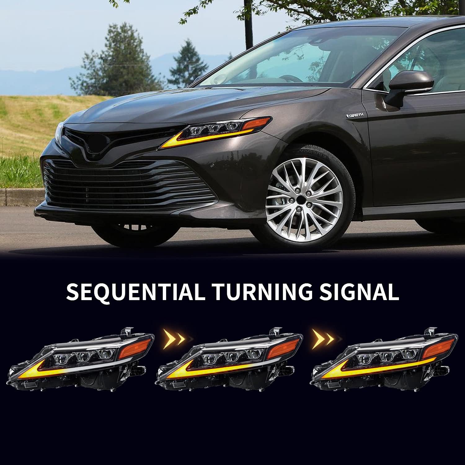 Headlights Assembly for Toyota Camry 2018 2019 2020 2021, Full LED Projector Headlamp with Sequential Turn Signal DRL for Camry XV70 L/ LE/ SE/ XSE/ Hybrid/ TRD, A Pair