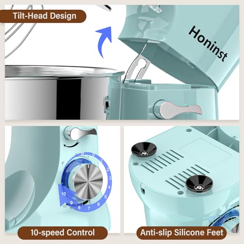 Honinst Stand Mixer, 3-In-1 10-Speed 660W 6QT Tilt-Head Food Mixer, Electric Mixer with Bowl, Dough Hook, Whisk and Beater, Kitchen Mixer for Baking, Cake and Most Home Cooks