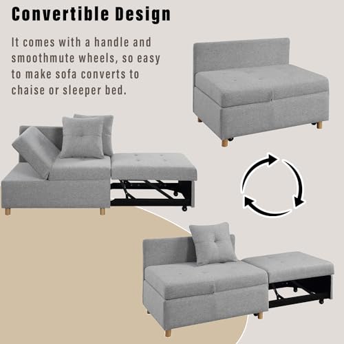 Pull Out Sleeper Sofa Bed Chair 4-in-1 Convertible Chair Bed, Linen Fabric loveseat Sofa with 2 Throw Pillow, Single Recliner for Small Space with 5 Adjustable Backrest, (Light Gray)