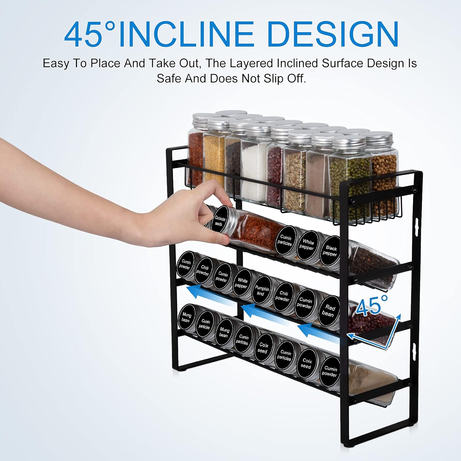 Spice Rack Organizer for Cabinet, Seasoning Organizer, Spice Organizer for Pantry, Spice Rack Wall Mount, 4 Tier Kitchen Countertop Storage Rack with Hooks, Amtiw Without Jars Detachable Spice Rack