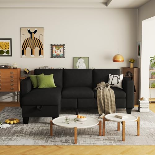 Convertible Sectional Sofa Couch Beige 3Seat L-Shaped Sectional Sofa Couch with Storage Ottoman and Pockets,Modern Linen Fabric Upholstered Sofa Furniture Set for Living Room Small Space Bedroom