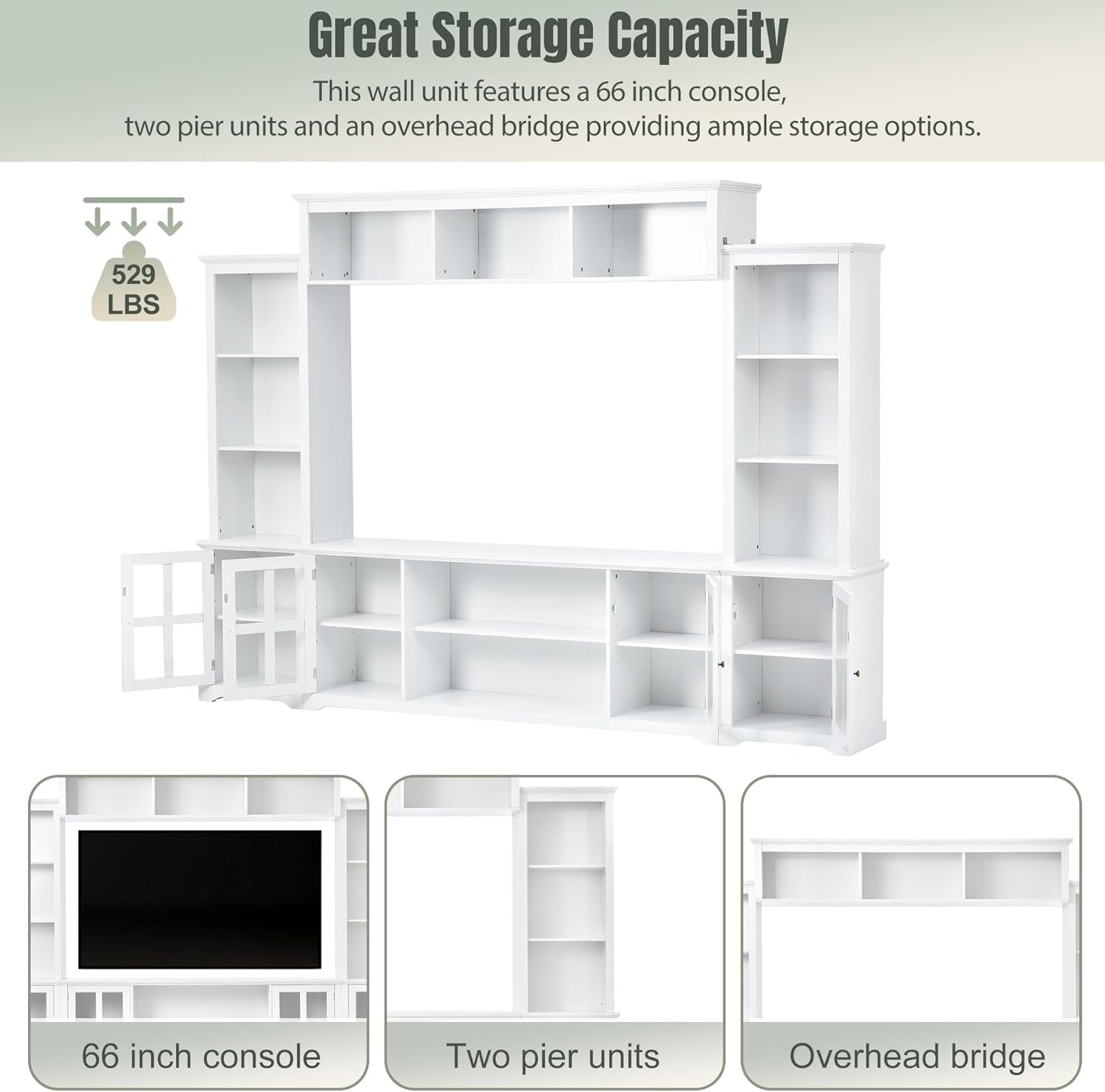 Entertainment Wall Unit with Bridge, Stand Media Console Table for TVs Up to 70" with Tempered Glass Door, Ample Storage Space for Living Room, White