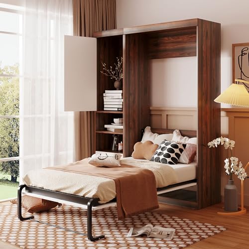 Murphy Bed Wall Bed Chest Versatility Bed, Queen Size Wood Murphy Bed Wall Bed Frame, Foldable Platform Bed Folded into Cabinet, Space Saving, Suitable for Guest bedrooms and Offices (White@Q*)