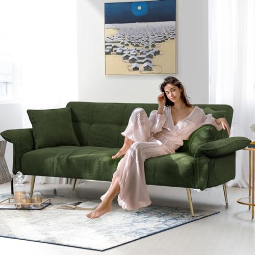 Futon Sofa Bed, Teddy Futon Couch Bed with Convertible Backrest, Modern Futon Couch with Adjustable Armrests, Sofa Bed with Memory Foam for Living Room, Bedroom, Beige