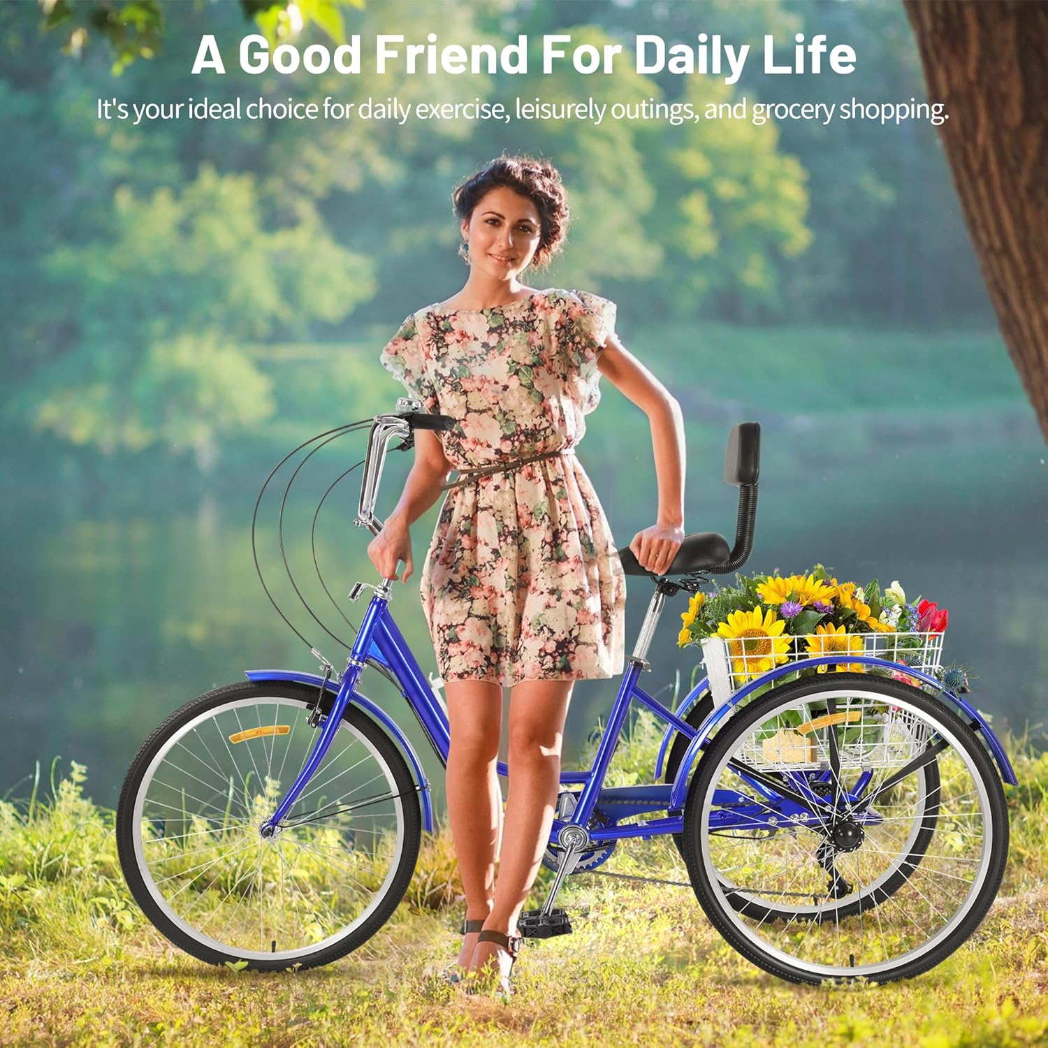 7 Speed Adult Tricycle, 3 Wheel Bikes with Rear Baskets, 24 Inch Wheels, Comfortable Seat for Women, Men, Seniors, Ideal for Shopping, Beach, City Rides