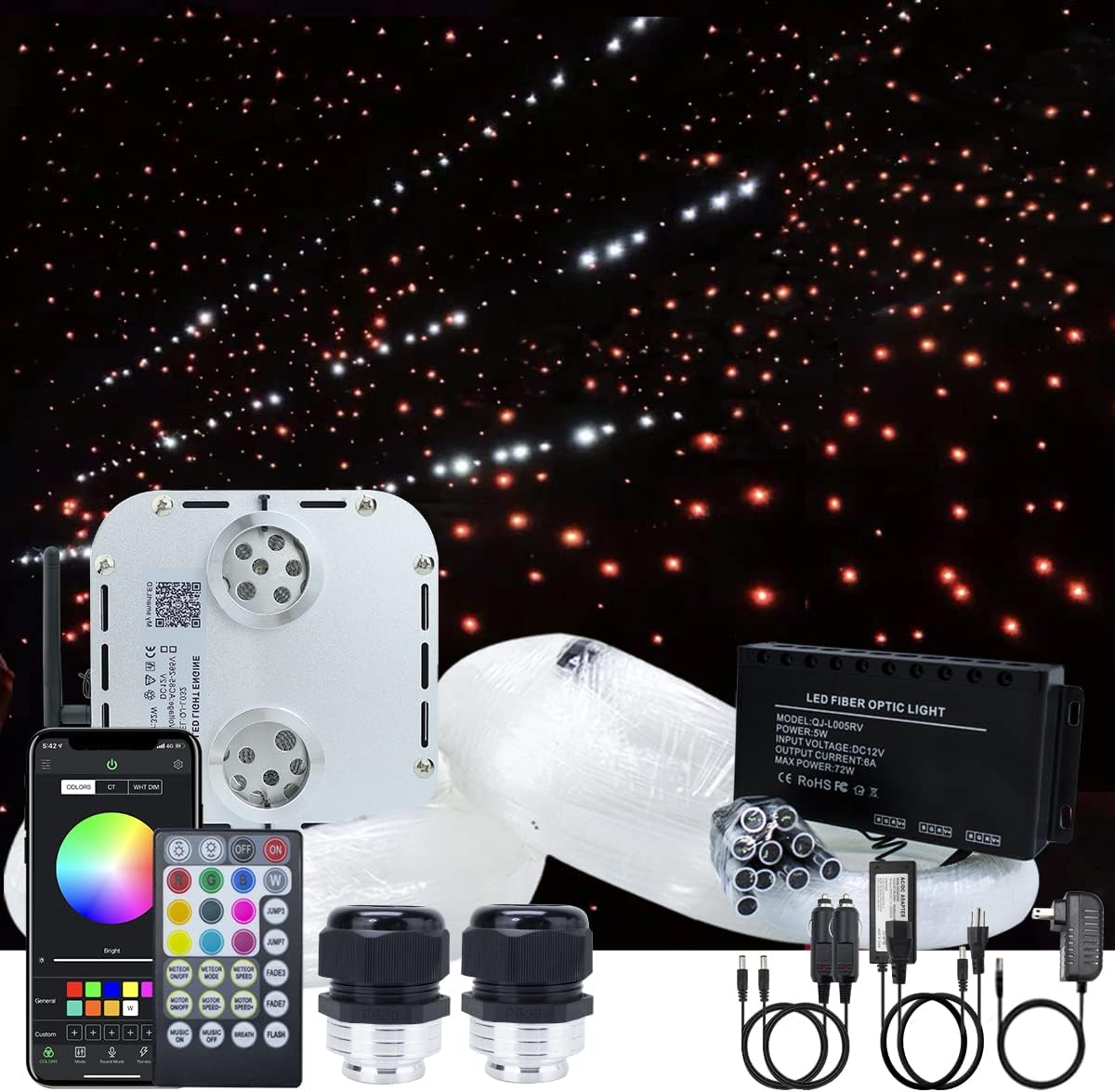 AKEPO Car Home Use 32W RGBW Twinkle+ Sound Activated+ APP Fiber Optic Lights Kit Star Ceiling Sky Light with Total 800pcs in 13.1ft/4m + 9.8ft/3m Long Optical Fiber Cable for Indoor or Interior Decor