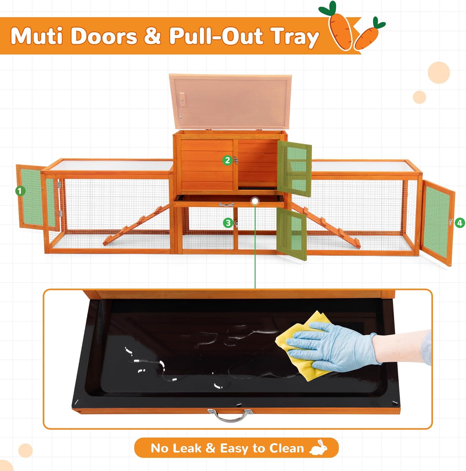 COZIWOW Extra Large Rabbit Hutch Bunny Cage Outdoor Indoor, 2-Story 94.5”L Big Wooden Bunny Hutch Rabbit Cage Small Animal House with No-Leak Tray, Openable Top, Runs, Waterproof Roofs (Orange)