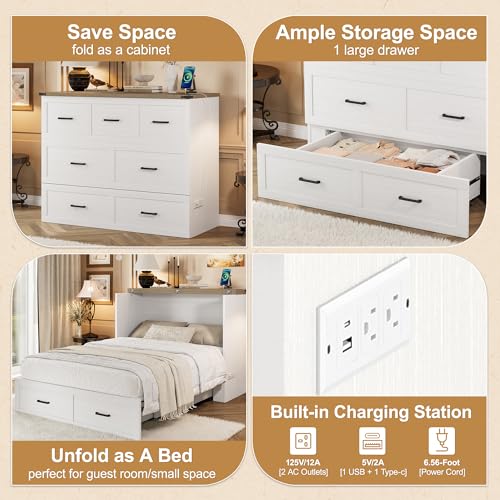 Bellemave Queen Murphy Bed, Cabinet Bed with Charging Station and Storage, Farmhouse Murphy Cabinet with Foldable Panel, Noisy Free, for Guest Bedroom, Living Room, Office, Rustic Gray