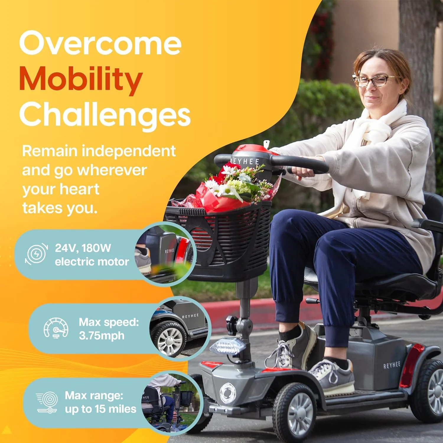 Reyhee Cruiser Powered Mobility Scooters - 24V, 180W 4 Wheel Mobility Scooters for Adults & Seniors