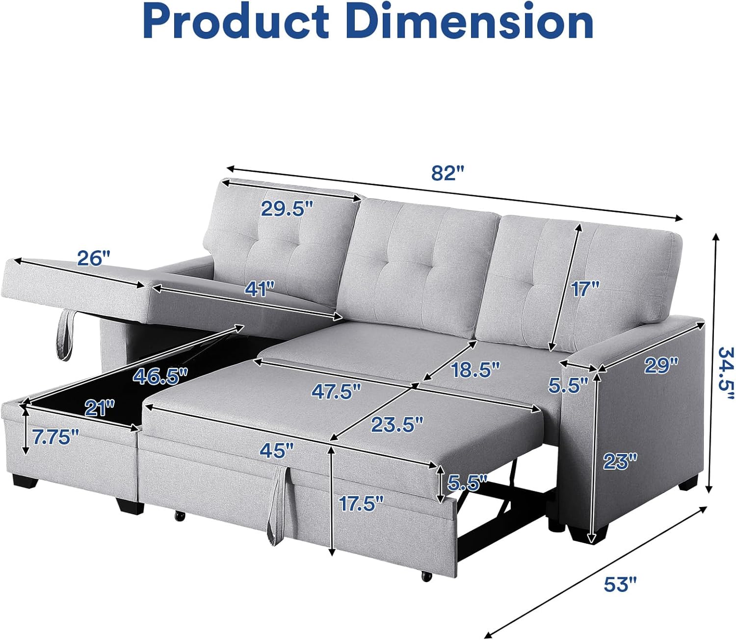4-in-1 Convertible L Shaped Couch with Pull Out Bed and Storage Sectional Sleeper Sofa with Reversible Chaise for Living Room, Apartment, Bedroom, Office, Light Gray