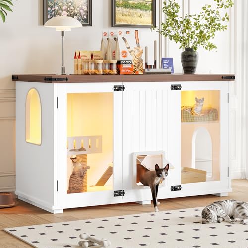 47.25 Inch Multi-Functional Hidden Cat Litter Box Enclosure with Smart Door & LED Light, Modern Cat House with Scratching Post & Stairs, Can be Used as Side Table/TV Stand - White