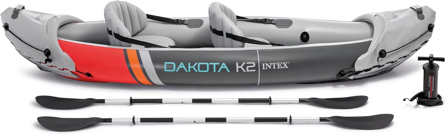 Intex Dakota K2 2 Person Inflatable Vinyl Kayak and Accessory Kit with 86 Inch Oars, Air Pump, and Carry Bag for Lakes and Rivers, Gray and Red