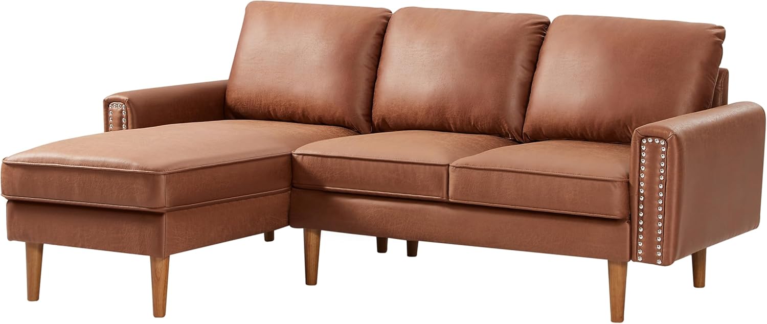 Lifeand 82.2" L-Shape Sofa Couch with Chais Mid-Century Copper Nail on Arms,Strong Wooden Leg and Suede Fabric Design,Left Chaise, Brown