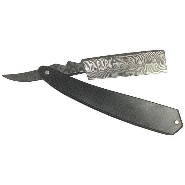 Bastion Damascus Steel Straight Razor with Carbon (Black) Fiber Handle