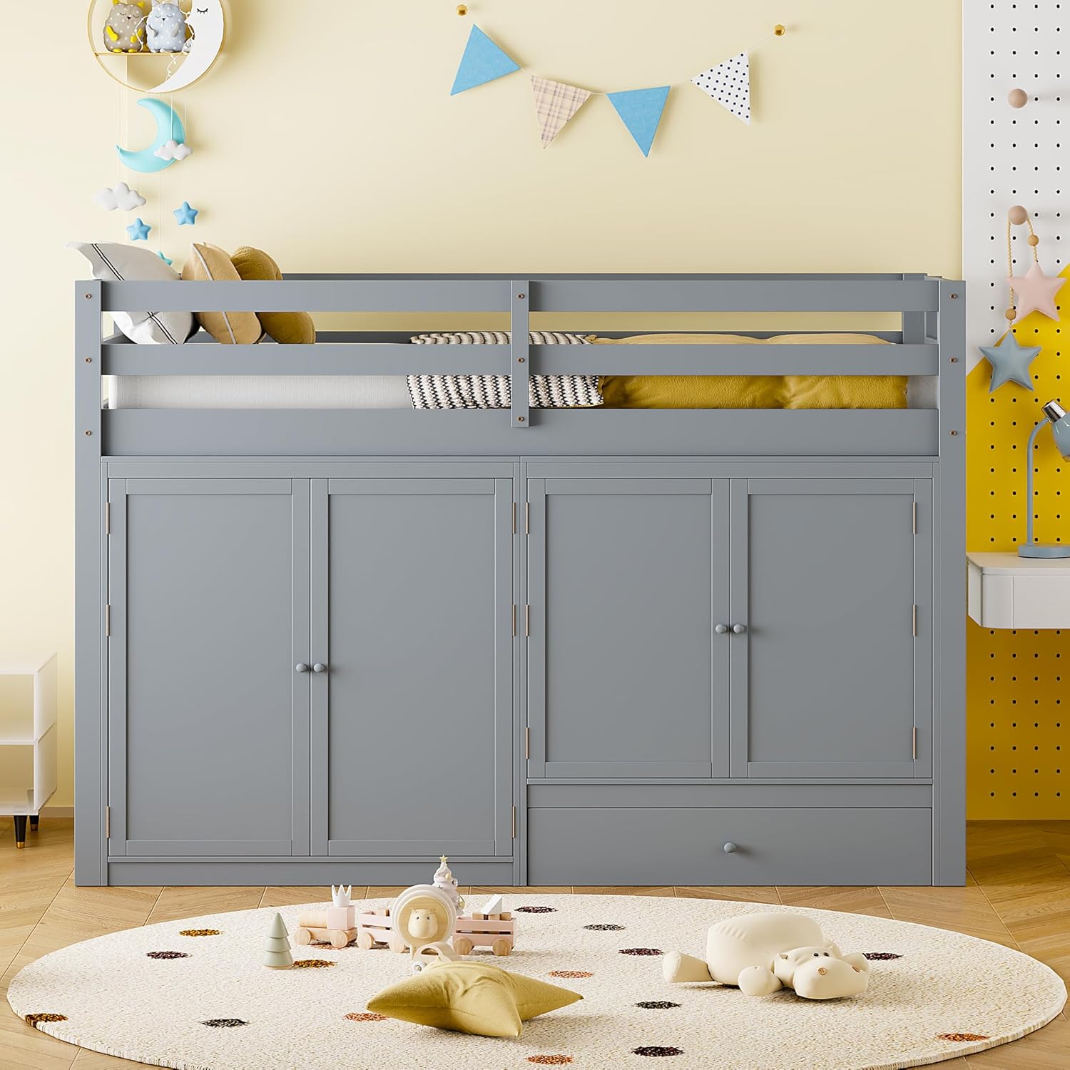 Twin Size Loft Bed with Storage Drawer and Two Wardrobes, Wood Low Loftbed with Ladder & Mirror, for Kids Teens Adults Bedroom, Gray
