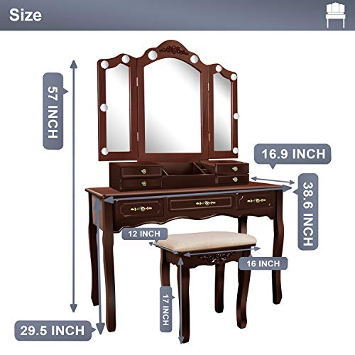ENSTVER Vanity Beauty Station,Tri-Folding Mirrors,6 Organization 7 Drawers Makeup Dress Table with Cushioned Stool-Espresso