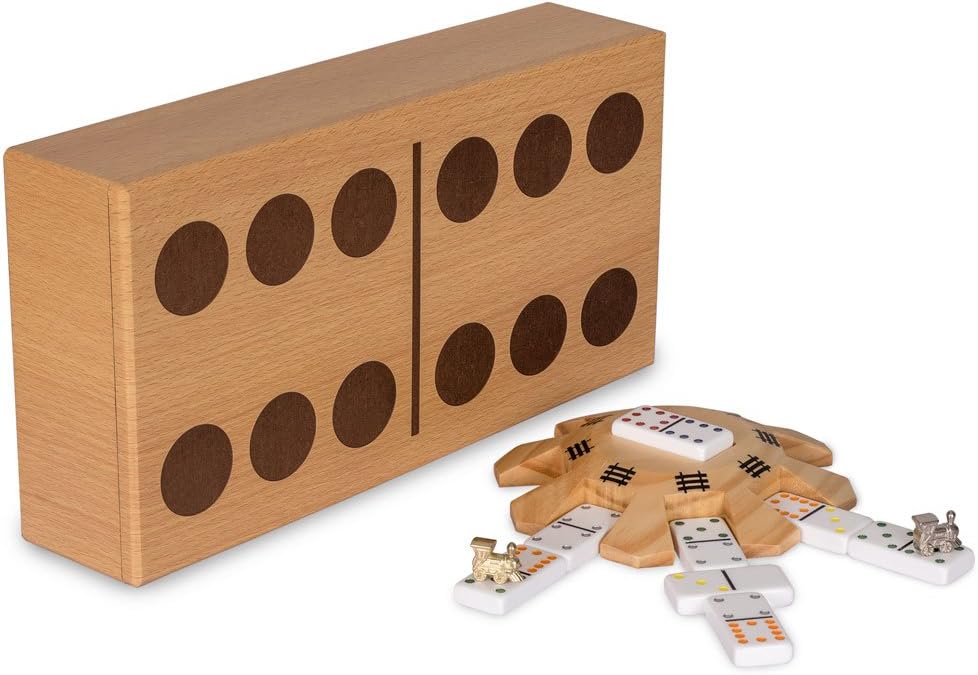 Yellow Mountain Imports Mexican Train Complete Set with Double 12 Dominoes (Pips/Dots), Wooden Hub, Die Cast Train Markers, and Scorepad