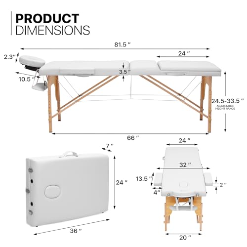 MoNiBloom Massage Table 3 Fold Portable Massage Table 82" Massage Bed Height Adjustable SPA Bed w/Carry Case Beechwood Frame Foldable Massage Table, White