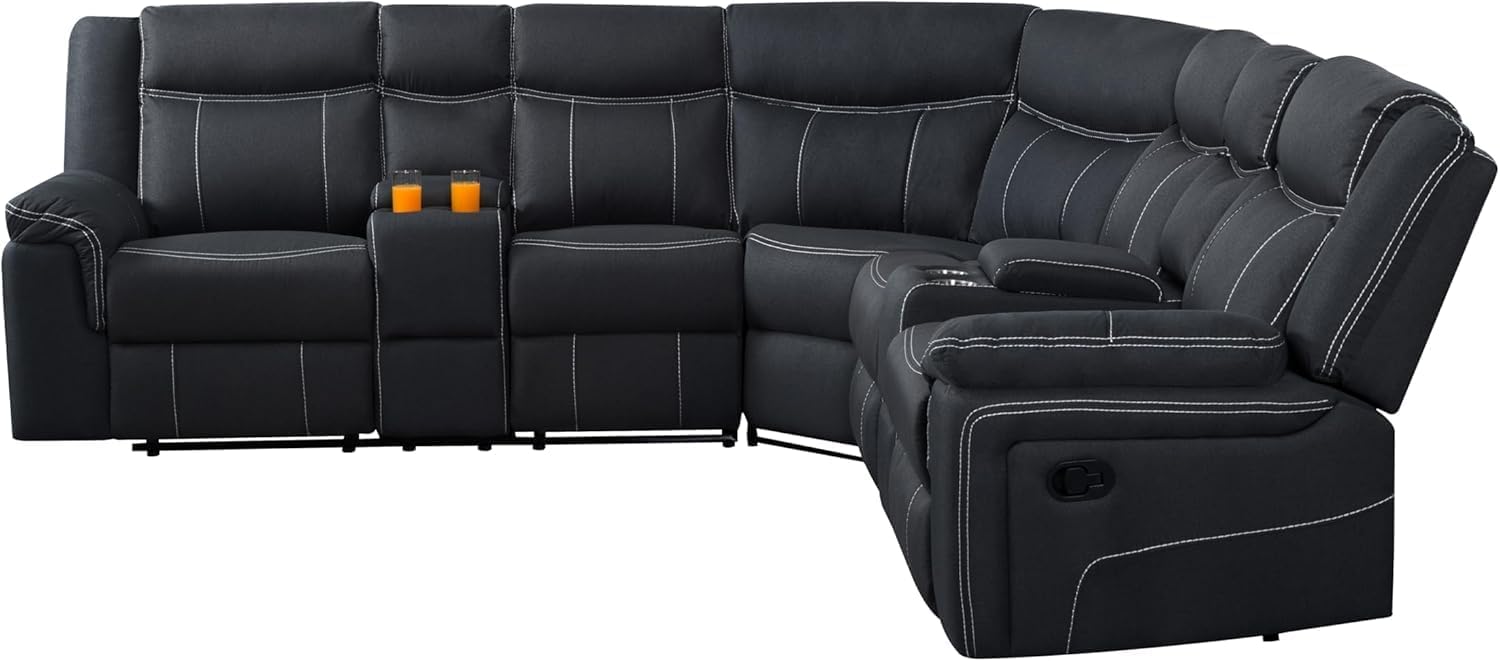 Manual Motion Sectional Sofa Living Room Furniture Sets L-Shaped Corner 5 Seaters Recliner Sofa&Couch Curved Upholstered Couch with 2 Console Storage and 4 Cup Holders for Home Theater, Black