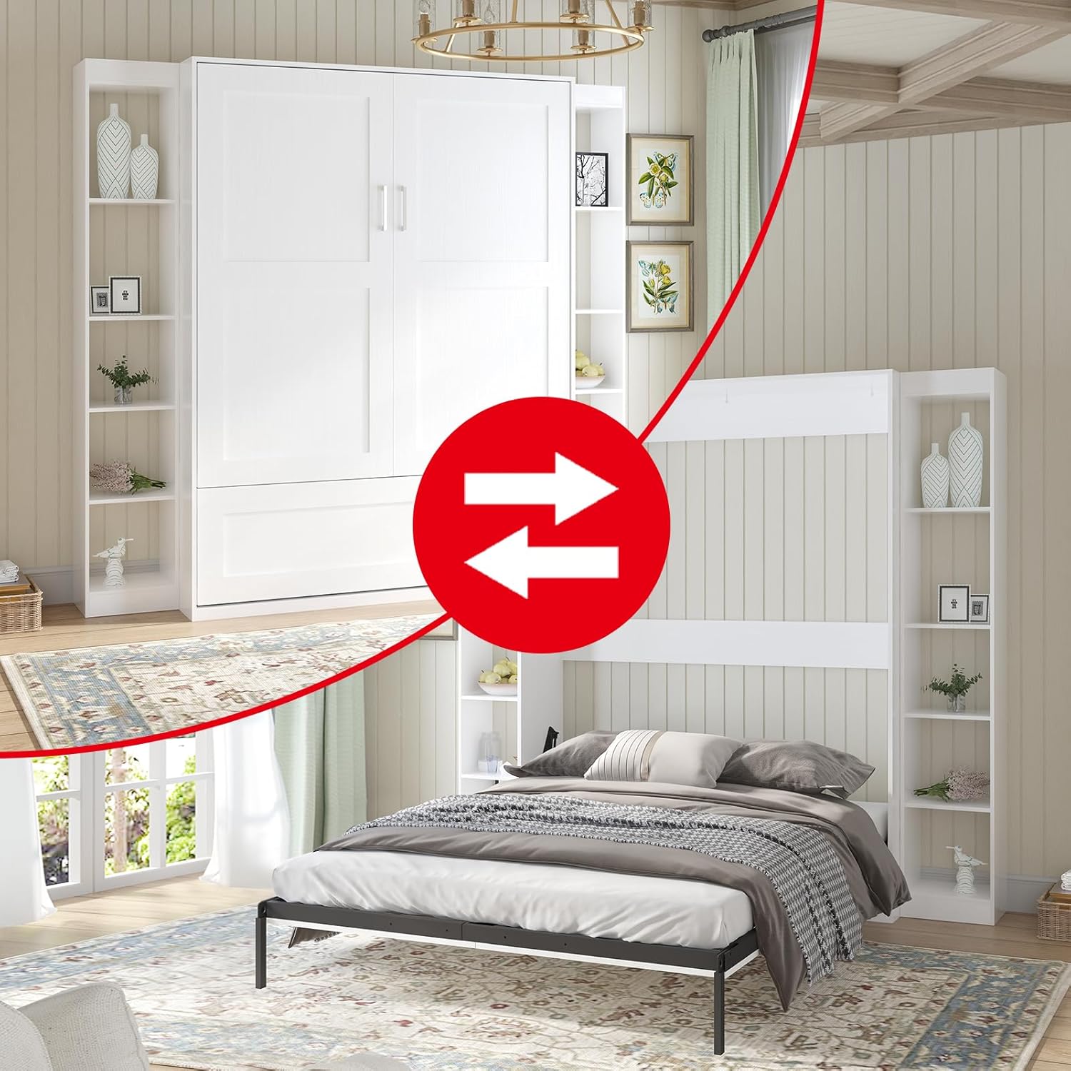 MUZZ Murphy Bed with Wardrobe，Murphy Cube Cabinet Bed with Space Saving Design，Modern Foldable Wall Bed with 2 Side Cabinet, Fold Up Murphy Bed Cabinet for Guest Room，Bedroom（White）