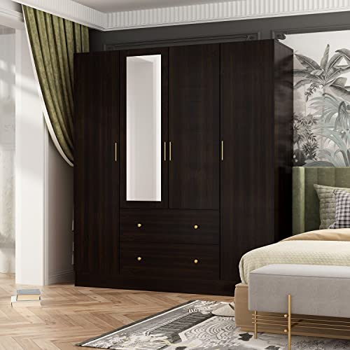 FAMAPY 4-Door Wardrobe Closet with Mirror, Armoires and Wardrobes with Drawers and Shelves, Armoire Wardrobe Closet with Hanging Rod, White (63”W x 19.7”D x 70.9”H)