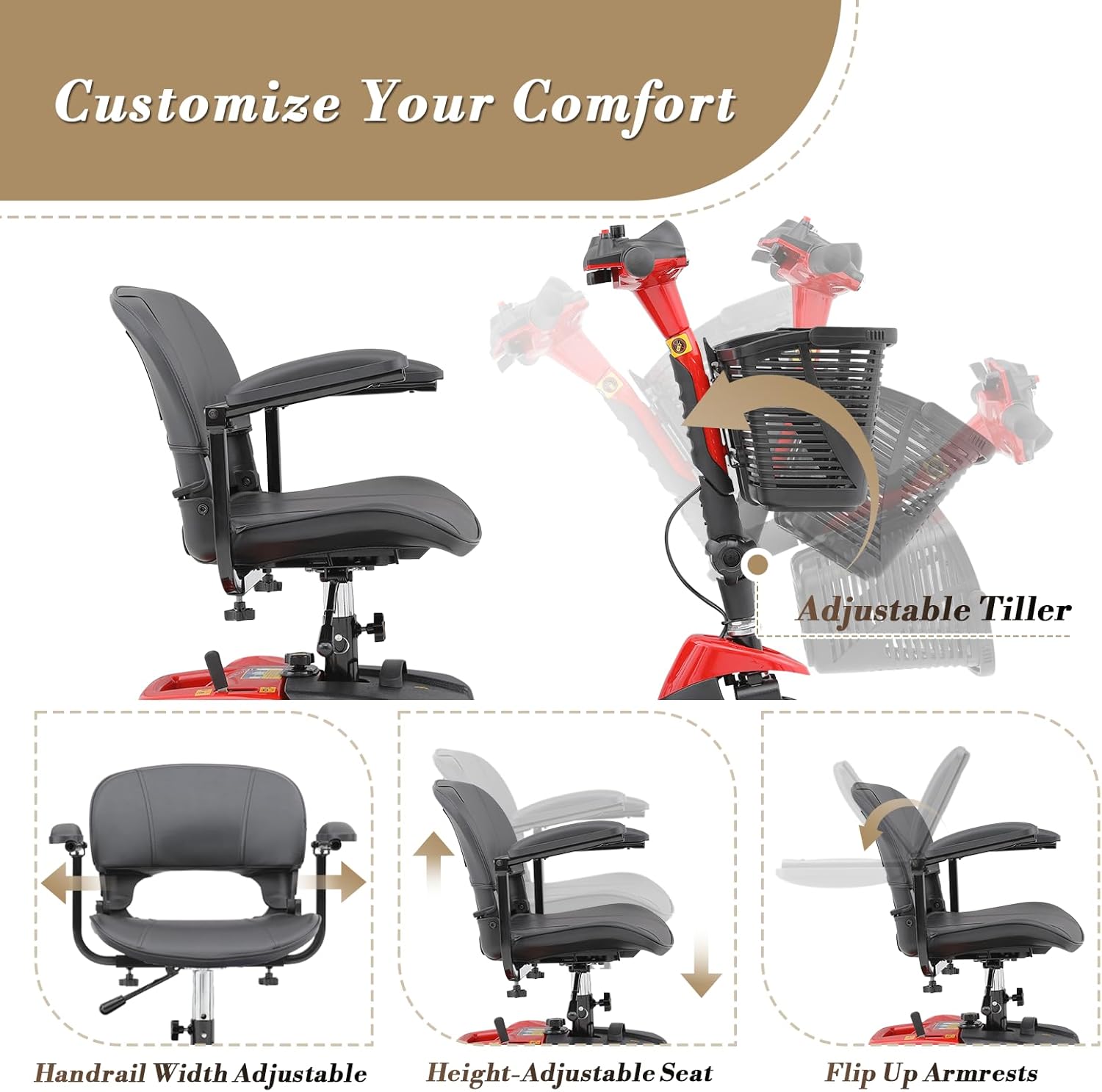 Athena Collection 3 Wheel Mobility Scooter Electric Wheelchair Scooter with Seat for Adults Seniors, Foldable Power Motorized Scooter Long Range Battery with Charger Headlights Basket, Red