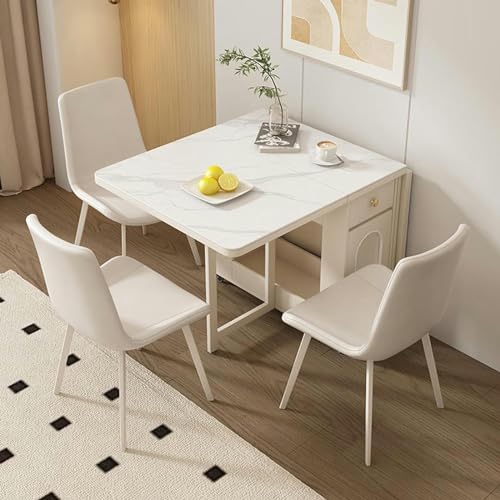 Folding Dining Table, White Dinner Table with Drawer and Storage and Shelves, Space Saving Wood Slate Dining Table with 4 Wheels, Kitchen Table for Small Spaces, 120X80x75cm