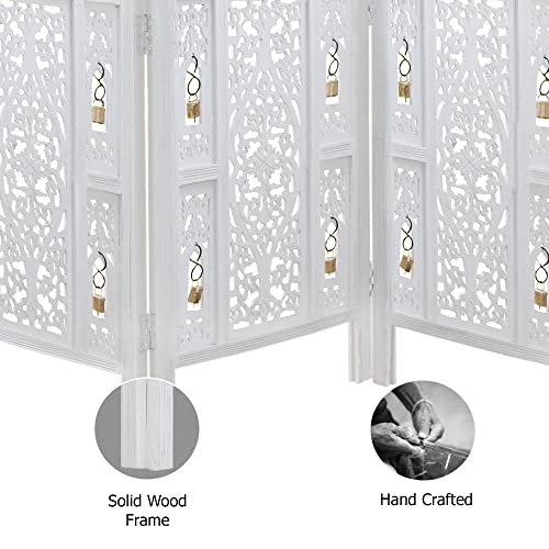 Room Divider Wood Screen - Ghanti Bells Antique Brown - 4 Panel Folding 72 x 80 - Assembled Hand Carved Decorative Functional Versatile Portable Partition Reversible Privacy Boho - COTTON CRAFT