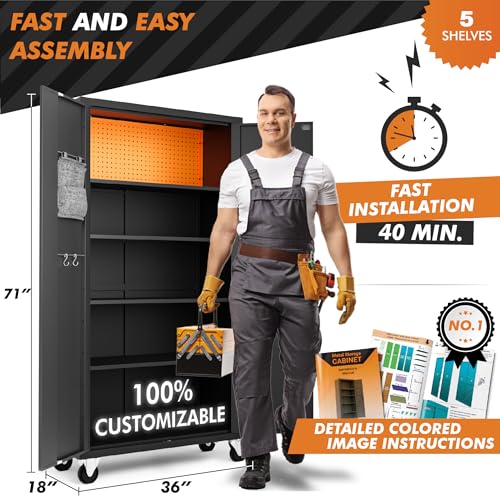 Metal Storage Cabinet with Wheels - Garage Storage Cabinet with Locking Doors | Key Lock | 72" Rolling Tool Storage Cabinet (Dark Gray)