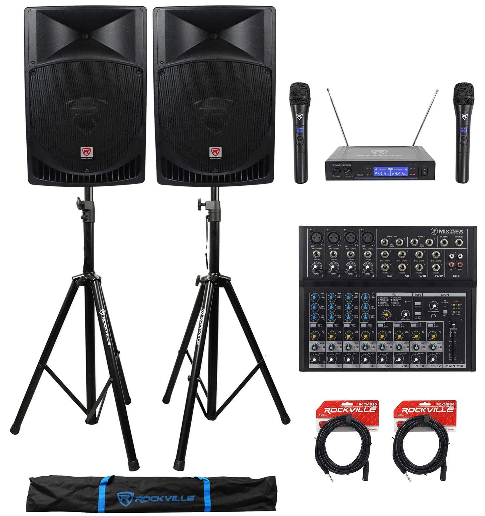 (2) Rockville RPG15 15x22 2000W Active Pa/dj Speakers+Mixer+Mic+Stands+Cables+Bag
