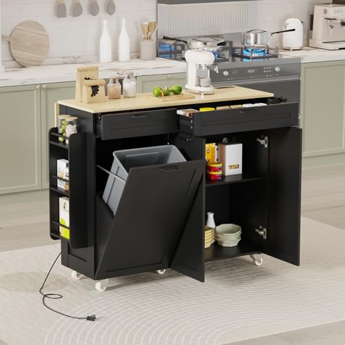 Rolling Kitchen Island with Power Outlet & Drop Leaf, Kitchen Island Cart with Trash Storage Cabinet,Kitchen Rolling Island with Spice Rack & Towel Rack, Knife Holder, Mobile Island Table for Kitchen