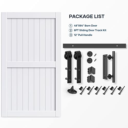 EaseLife 54 x 84 inch White Barn Door with 9FT Sliding Door Hardware Kit Included & Handle,Solid Wood Covered with Waterproof PVC Surface,DIY Assemblely,Easy Install,H-Frame,Fit 50-52in Wide Opening
