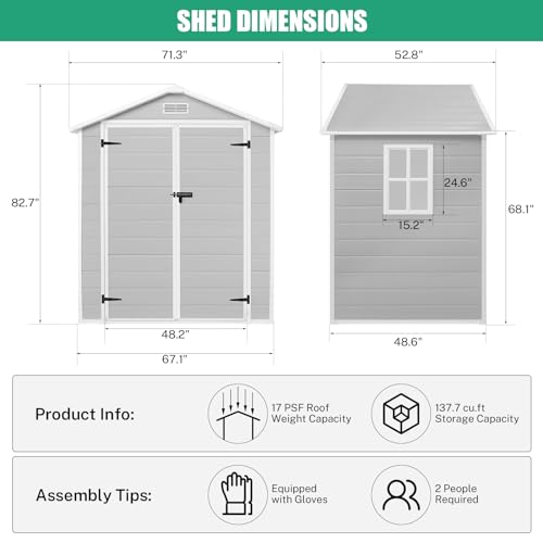 6x4.4FT Outdoor Resin Shed with Reinforced Floor, All-Weather Plastic Shed with Lockable Door, Window & Vents, Garden Tool Sheds & Outdoor Storage Clearance for Garden Patio Lawn (Gray)
