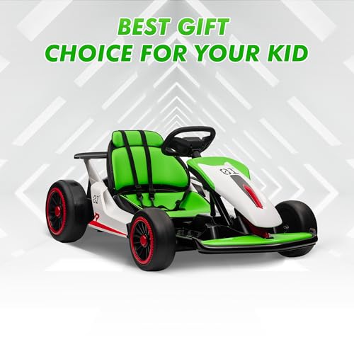 24V Electric Go Kart, Drifting Car Battery Powered Ride on Car with Powerful Motor for Kids 6-12 Years Old, Kids Go Kart with Slow Start, Music, Safety Belt,Max Load 110lbs for Boys and Girls