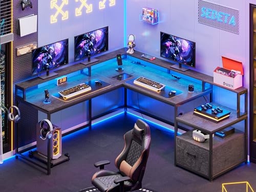 SEDETA L Shaped Gaming Desk, 66" Home Office Desk with File Drawer & Power Outlet, Corner Gaming Computer Desk with Led Lights, Monitor Shelf and Printer Storage Shelves, Two Person Desk, Black